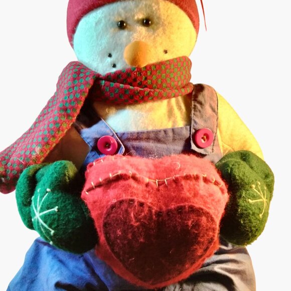 Handcrafted Snowman Doll Large Self Sitter Holding Heart 30 inch - Picture 5 of 9